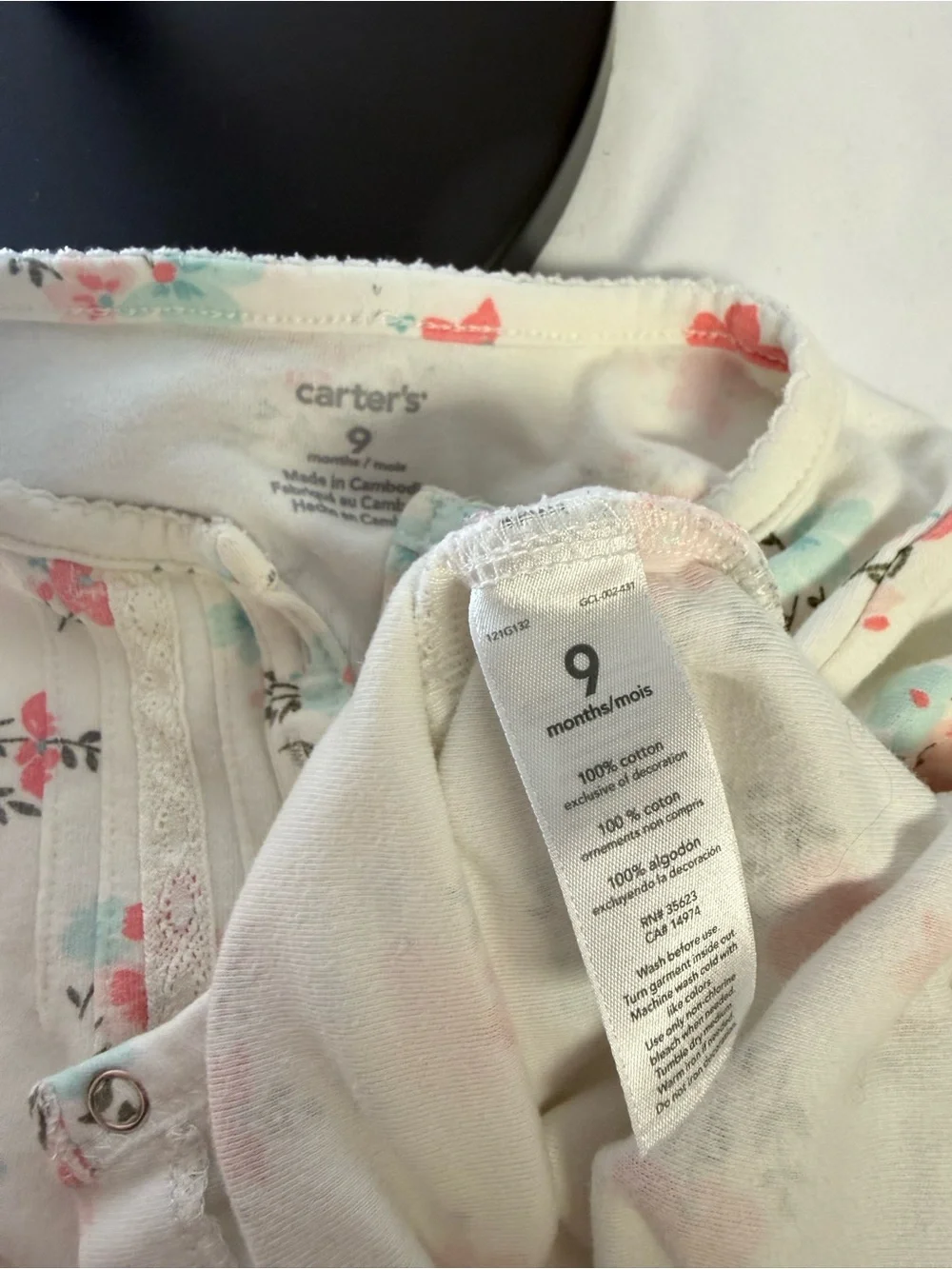Carter’s Baby Girl Floral Long Sleeve Onesie Bodysuit 9 Months Pink Blue